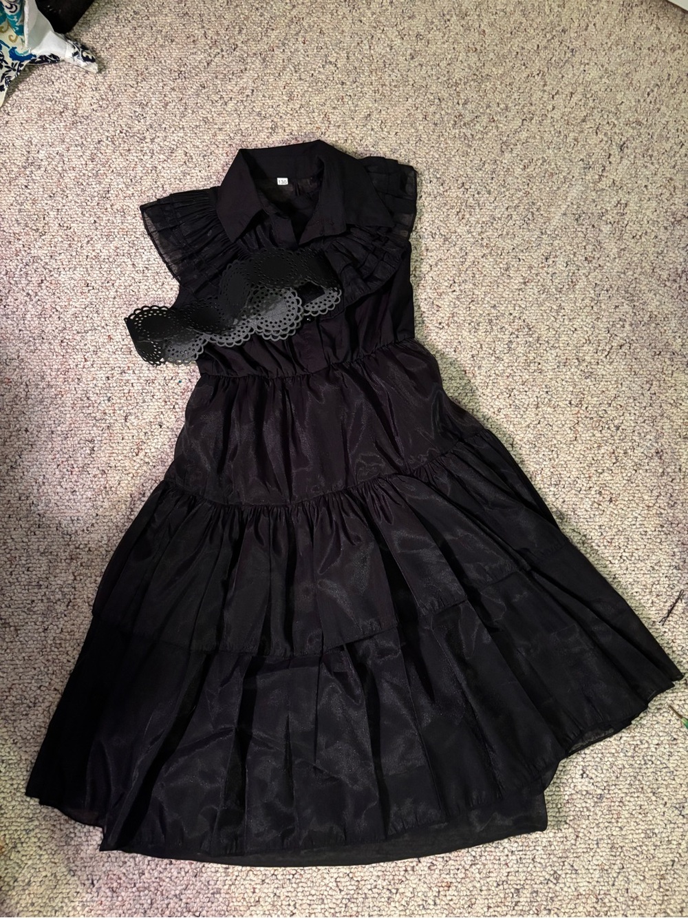 Wednesday Halloween style Classic Black Tiered Girls' Dress with Collared Neck